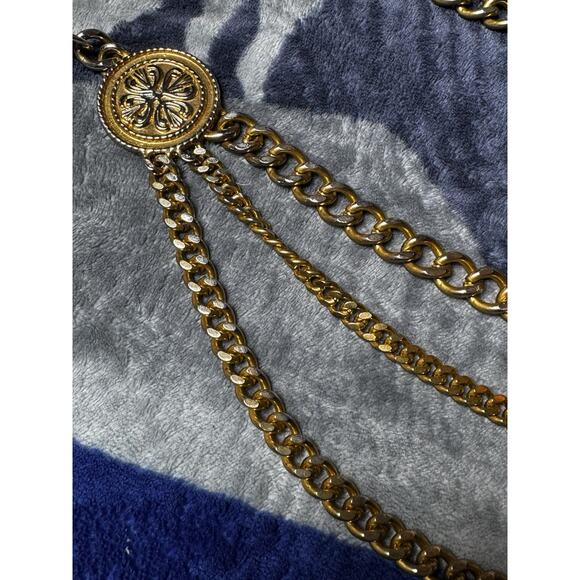 Vintage Gold-Tone Medallion 3-Strand Curb Chain Statement Necklace 26" Layered - Picture 2 of 10